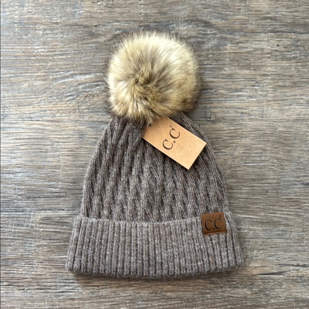 C.C Women's Tan Knit Beanie with Faux Fur Pom-Pom